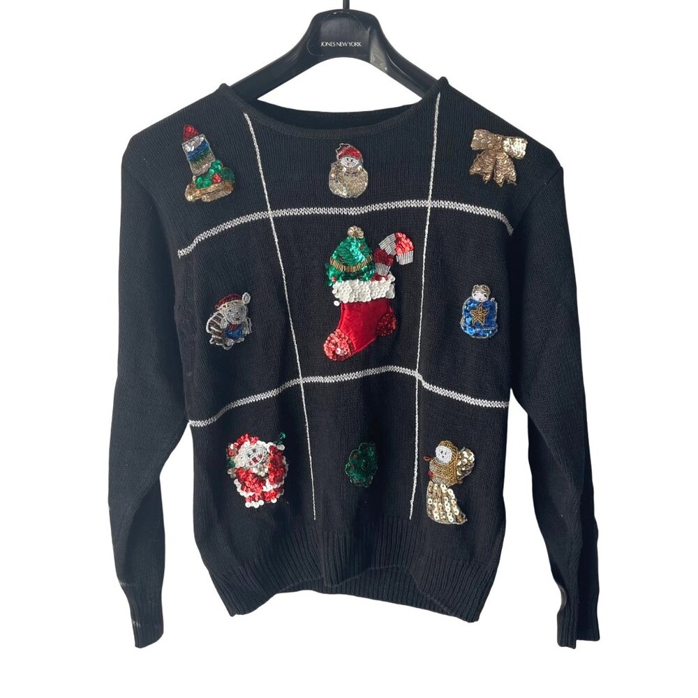 VTG Gladys Bagley Black "Ugly" Christmas Sweater Sequined & Beaded Womens L/XL